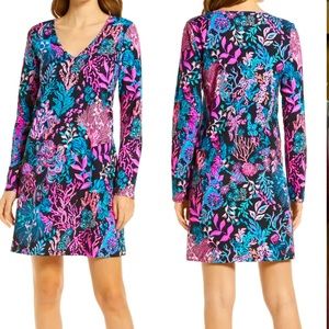 Large Lilly Pulitzer Etta Long Sleeve T-Shirt Dress in Onyx Twilight Coral.